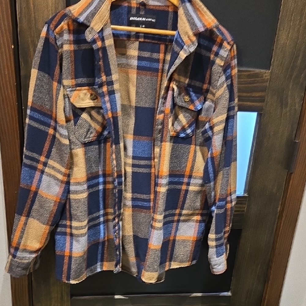 Molokai Surf Blue and Orange Plaid Flannel Shirt